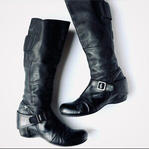 Black Knee High Genuine Leather Moto Boots, Motorcycle Boots Women, Size 9